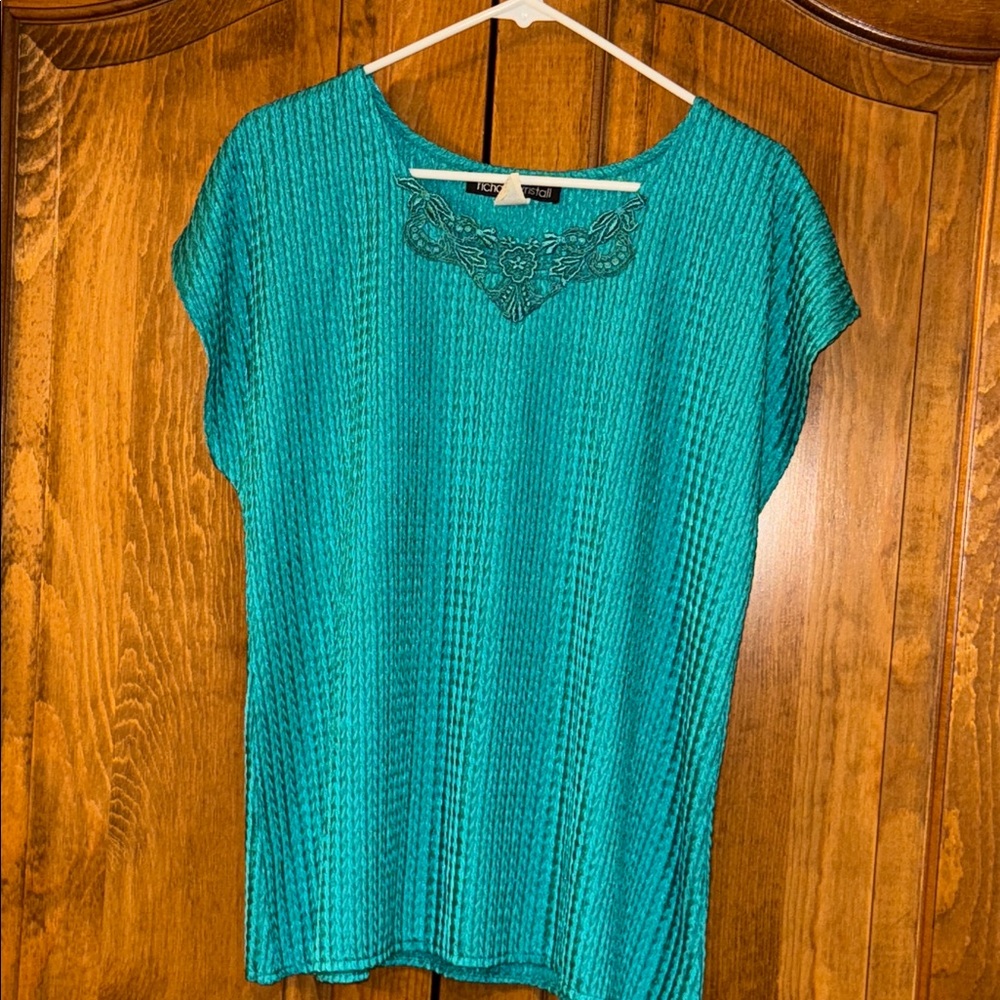 Ruby Rd. Teal Textured Blouse with Lace Detail